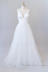 Beautiful White Long A-line V-neck Tulle Backless Wedding Dresses